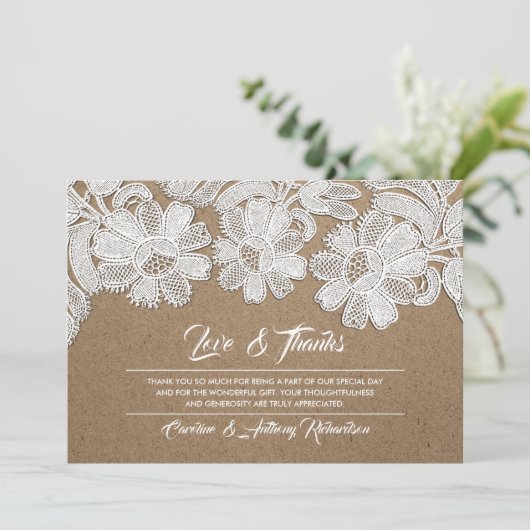 Lace | Kraft Paper Weddenschap Hartelijk dank Bedankkaart (Staand voorkant)