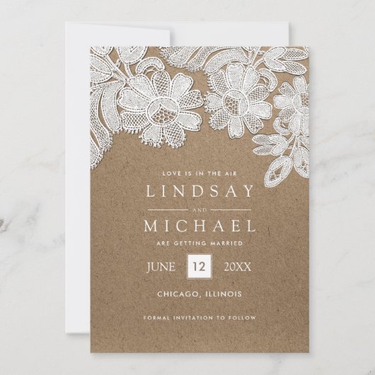 Lace | Kraft Paper Wedding Save the Date Kaarten (Voorkant)
