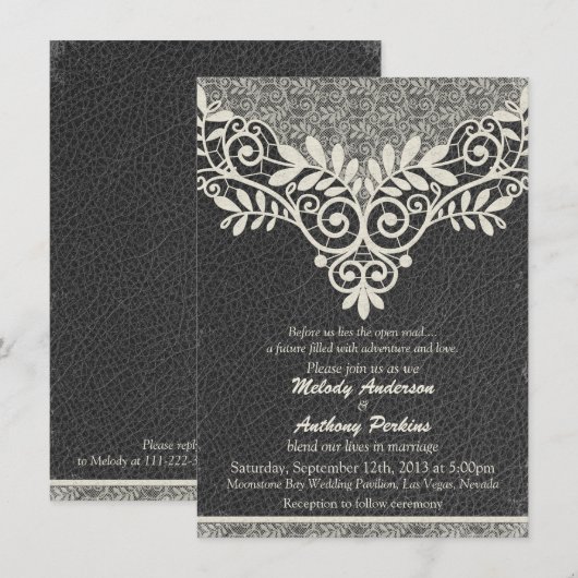Lace Leather Rustic Black Ivory Biker Wedding Kaart (Voorkant / Achterkant)