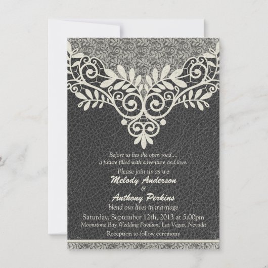 Lace Leather Rustic Black Ivory Biker Wedding Kaart (Voorkant)