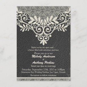 Lace Leather Rustic Black Ivory Biker Wedding Kaart