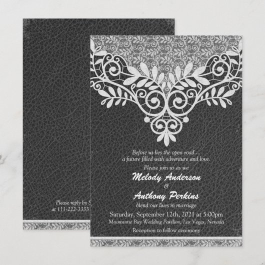 Lace Leather Rustic Black White Biker Wedding Kaart (Voorkant / Achterkant)