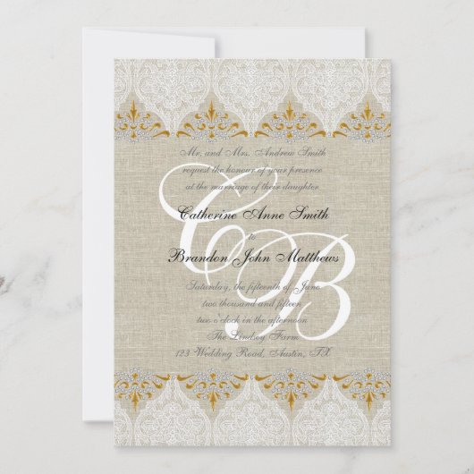 Lace Linen Gold Wedding Monogram Damask Kaart (Voorkant)
