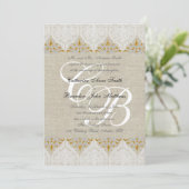 Lace Linen Gold Wedding Monogram Damask Kaart (Staand voorkant)