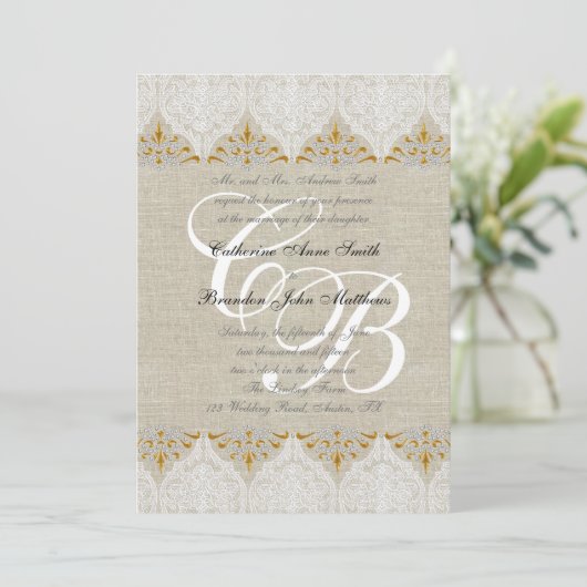  Lace Linen Gold Wedding Monogram Damask Kaart (Staand voorkant)