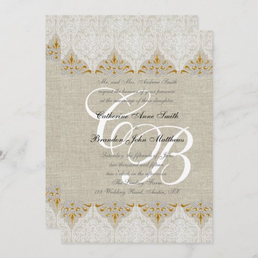  Lace Linen Gold Wedding Monogram Damask Kaart (Voorkant / Achterkant)