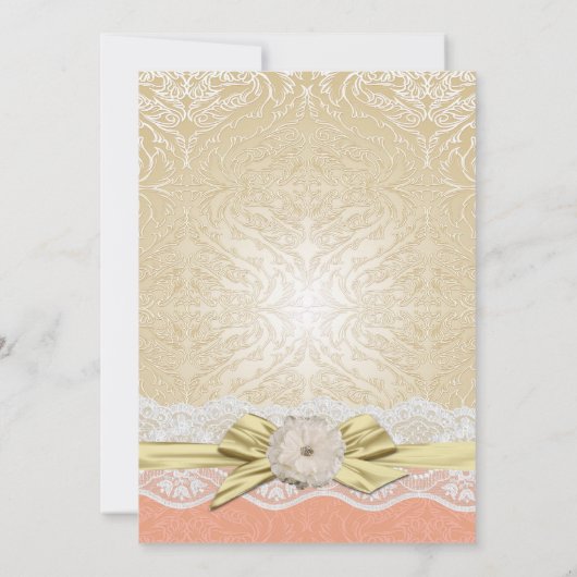 Lace lint goud/koraal damast bruiloft uitnodigen kaart (Achterkant)