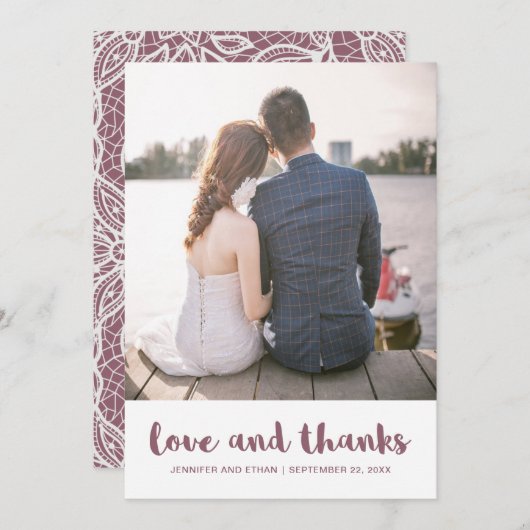 Lace Look Mauve bruiloft Dank u foto Bedankkaart (Voorkant / Achterkant)