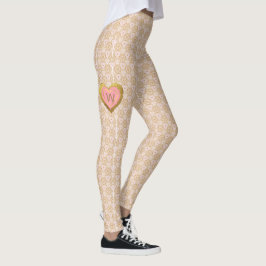 Lace-look patroon met roze en goudhartmonogram leggings