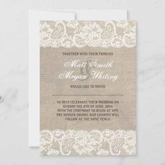 Lace look Rustic Burlap Wedding Invitation Kaart (Voorkant)