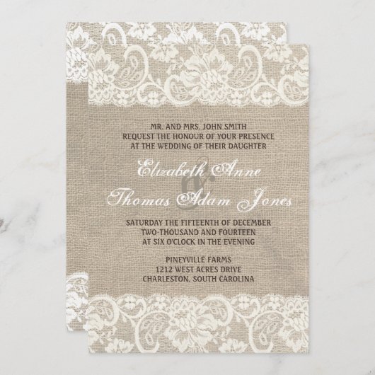 Lace look Rustic Burlap Wedding Invitation Kaart (Voorkant / Achterkant)