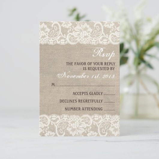 Lace look Rustic Burlap Wedding RSVP-kaart RSVP Kaartje (Staand voorkant)
