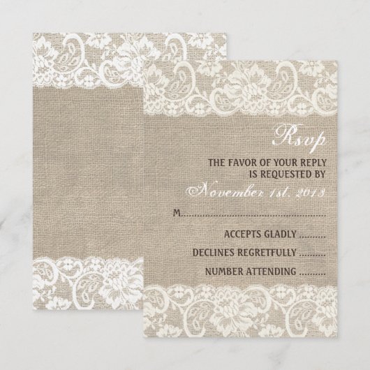 Lace look Rustic Burlap Wedding RSVP-kaart RSVP Kaartje (Voorkant / Achterkant)