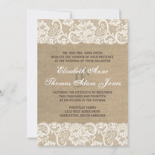 Lace look Rustic WARM Burlap Wedding Invitation Kaart (Voorkant)