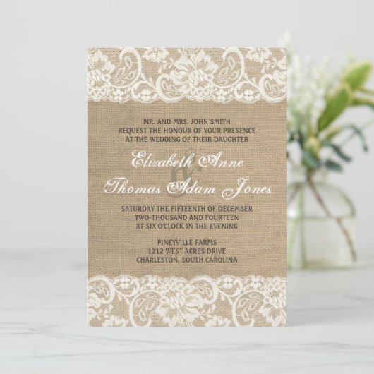 Lace look Rustic WARM Burlap Wedding Invitation Kaart (Staand voorkant)