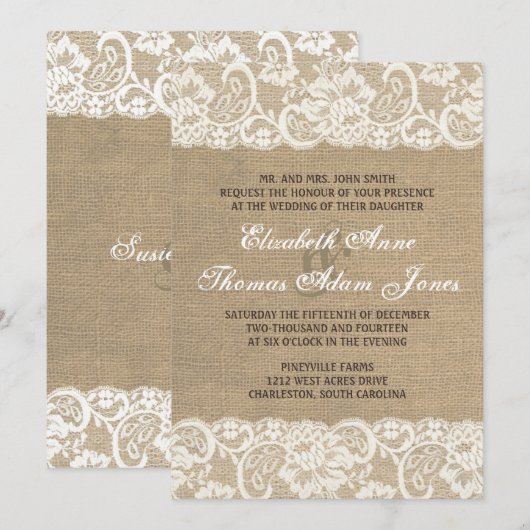 Lace look Rustic WARM Burlap Wedding Invitation Kaart (Voorkant / Achterkant)