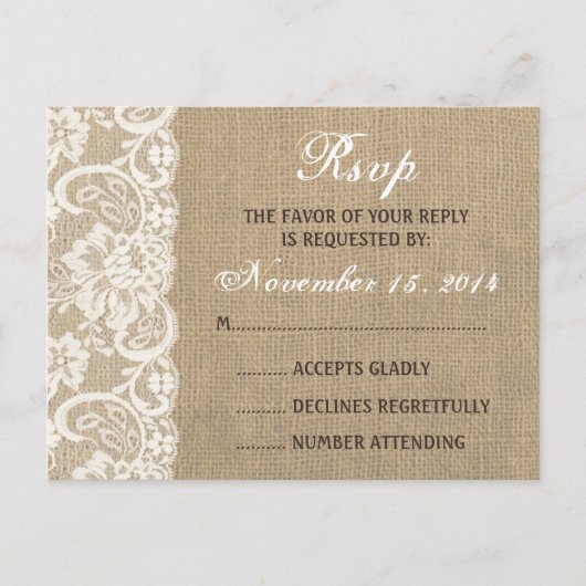 Lace Look Rustic WARM Burlap Wedding RSVP Briefkaa Uitnodiging Briefkaart (Voorkant)