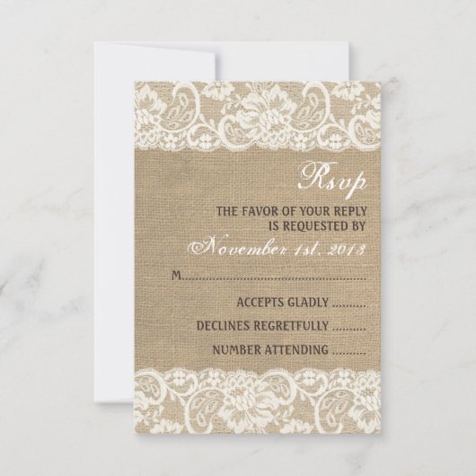 Lace look Rustic WARM Burlap Wedding RSVP-kaart RSVP Kaartje (Voorkant)