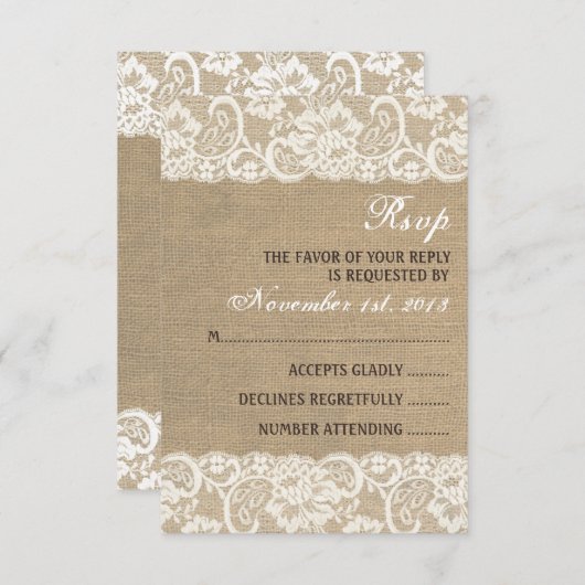 Lace look Rustic WARM Burlap Wedding RSVP-kaart RSVP Kaartje (Voorkant / Achterkant)