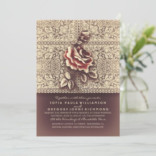  Lace Marsala Roos huwelijksuitnodigingen Kaart (Staand voorkant)