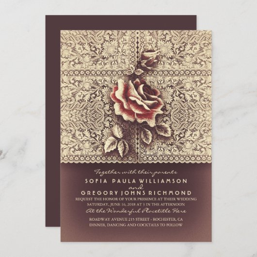  Lace Marsala Roos huwelijksuitnodigingen Kaart (Voorkant / Achterkant)