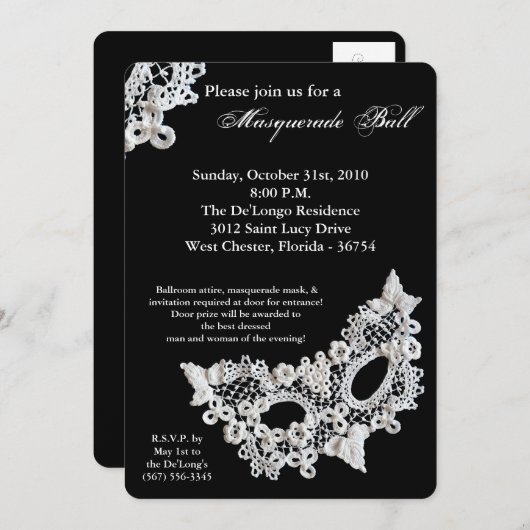 Lace Masquerade Ball Mask Costume Halloween Part Kaart (Voorkant / Achterkant)