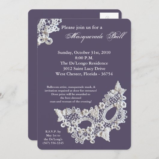 Lace Masquerade Ball Mask Costume Halloween Part Kaart (Voorkant / Achterkant)