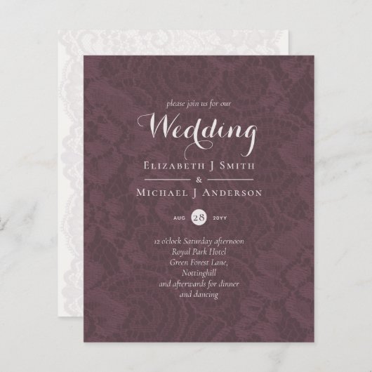 Lace Merlot Ivory Wedding Invitding Budget (Voorkant / Achterkant)
