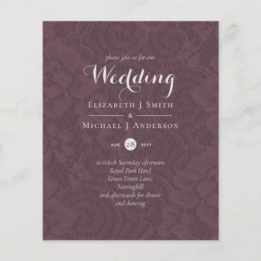 Lace Merlot Ivory Wedding Invitding Budget (Voorkant)