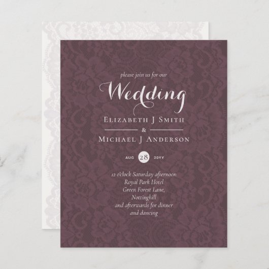 Lace Merlot Ivory Wedding Invitding Budget (Voorkant / Achterkant)