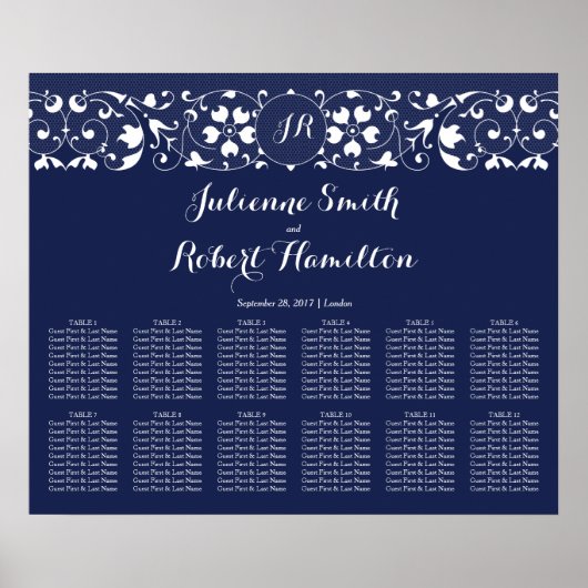 Lace Navy Blue Wedding Seating Chart 12 Tables Poster (Voorkant)