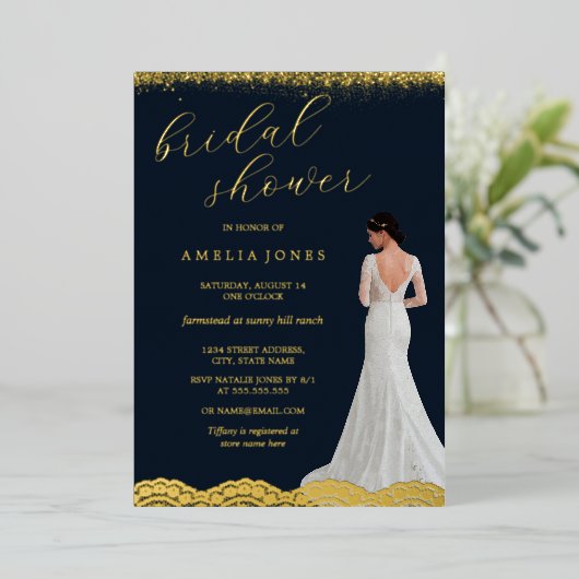 Lace Navy Gold Bride Dress Vrijgezellenfeest Folie Uitnodiging (Staand Voorkant)