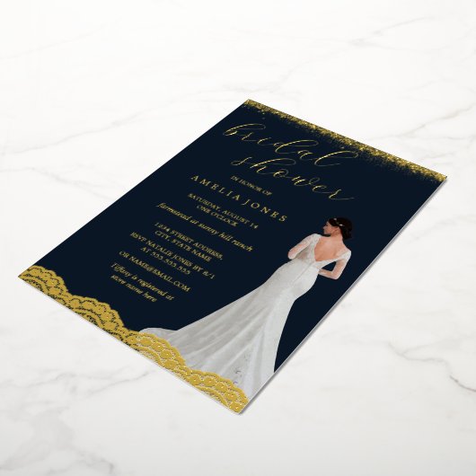Lace Navy Gold Bride Dress Vrijgezellenfeest Folie Uitnodiging (Gedraaid)