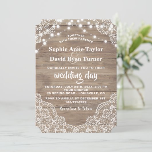  Lace Old Barn String Lights Wedding Kaart (Staand voorkant)