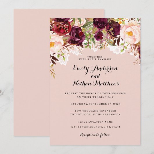 Lace Peach Bourgogne Floral bruiloft uitnodiging (Voorkant / Achterkant)