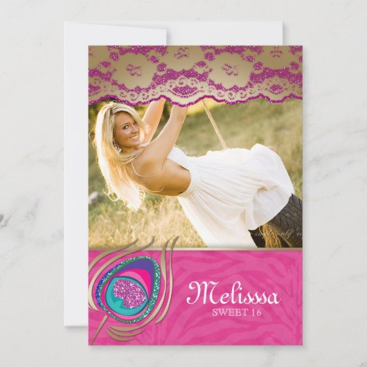 Lace Peacock Sweet Sixteen Aankondiging Zebra Roze (Voorkant)