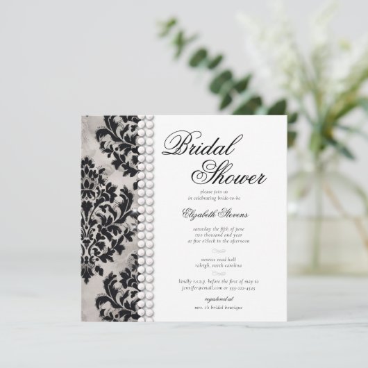 Lace Pearl Damask Zwart Wit Formeel Vrijgezellenfe Kaart (Staand voorkant)