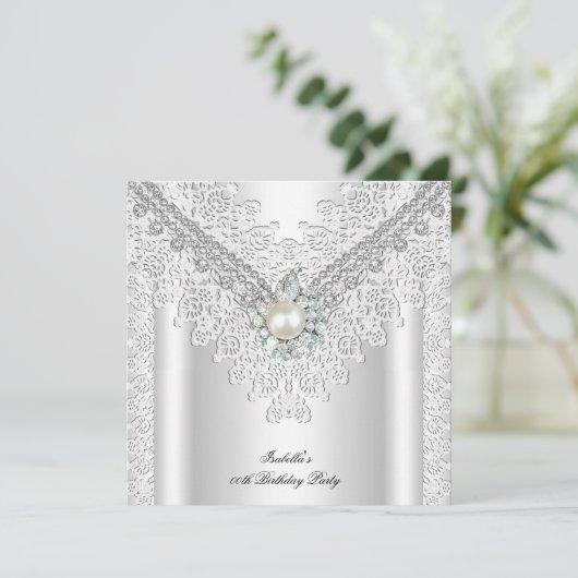 Lace Pearl Silver White Elegant Birthday Kaart (Staand voorkant)