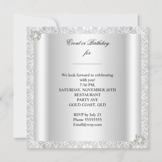  Lace Pearl Silver White Elegant Birthday Kaart (Achterkant)