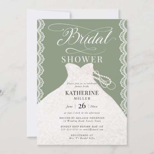 Lace Pearls Bruidsjurk Sage Groen Vrijgezellenfees Kaart (Voorkant)