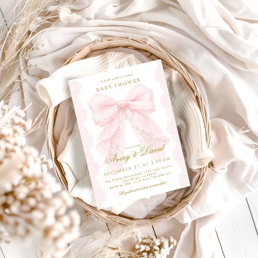 Lace Pink Bow Girl Baby Shower Kaart