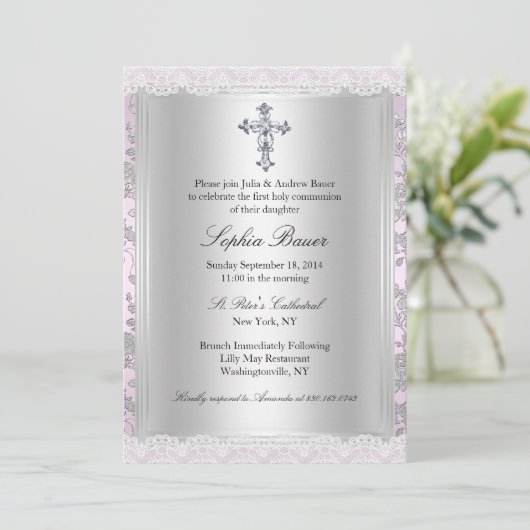  Lace Pink Eerste Heilige Communie Kaart (Staand voorkant)