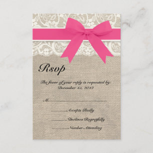 Lace & Pink Ribbon en Burlap Wedding RSVP Kaart