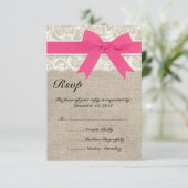 Lace & Pink Ribbon en Burlap Wedding RSVP Kaart (Staand voorkant)