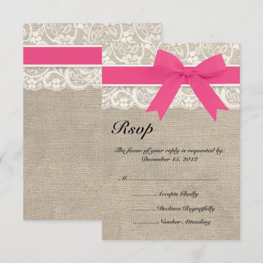 Lace & Pink Ribbon en Burlap Wedding RSVP Kaart (Voorkant / Achterkant)