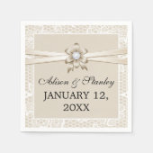 Lace rand met beige lint & bloem bruiloft servet (Voorkant)