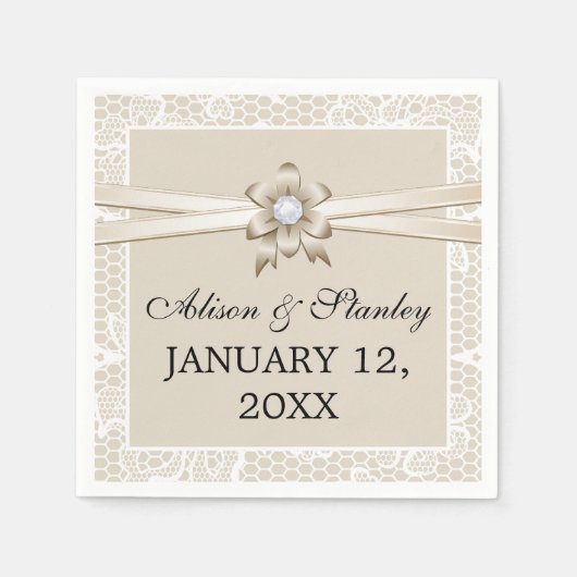 Lace rand met beige lint & bloem bruiloft servet (Voorkant)