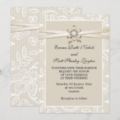 Lace rand met beige lint bruiloft kaart (Voorkant / Achterkant)