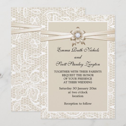 Lace rand met beige lint bruiloft kaart (Voorkant / Achterkant)
