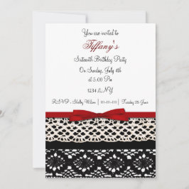 Lace red damask Sweet Sixteen party Invitation Kaart